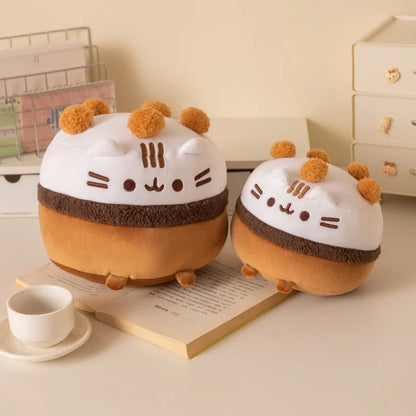 Kawaii ice cream fat cat plush toy in chocolate colorway A, front view