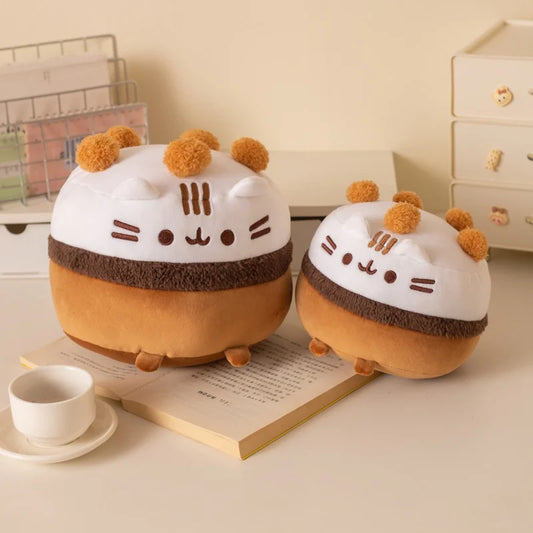 Kawaii ice cream fat cat plush toy in chocolate colorway A, front view